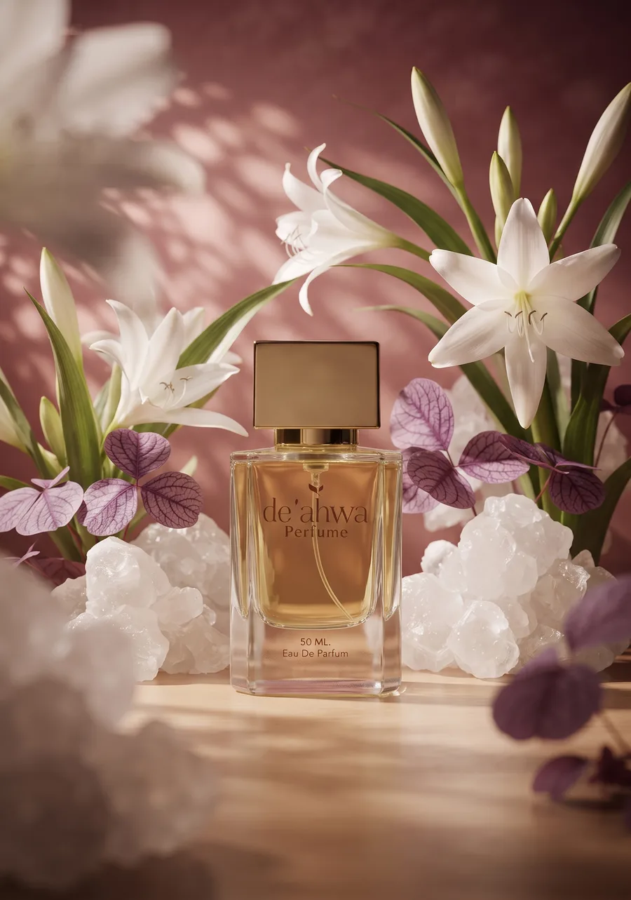 น้ำหอม De'ahwa กลิ่น Floral วางกับดอกลิลลี่ขาว กลีบไม้สีม่วง และผลึกใส บนพื้นไม้